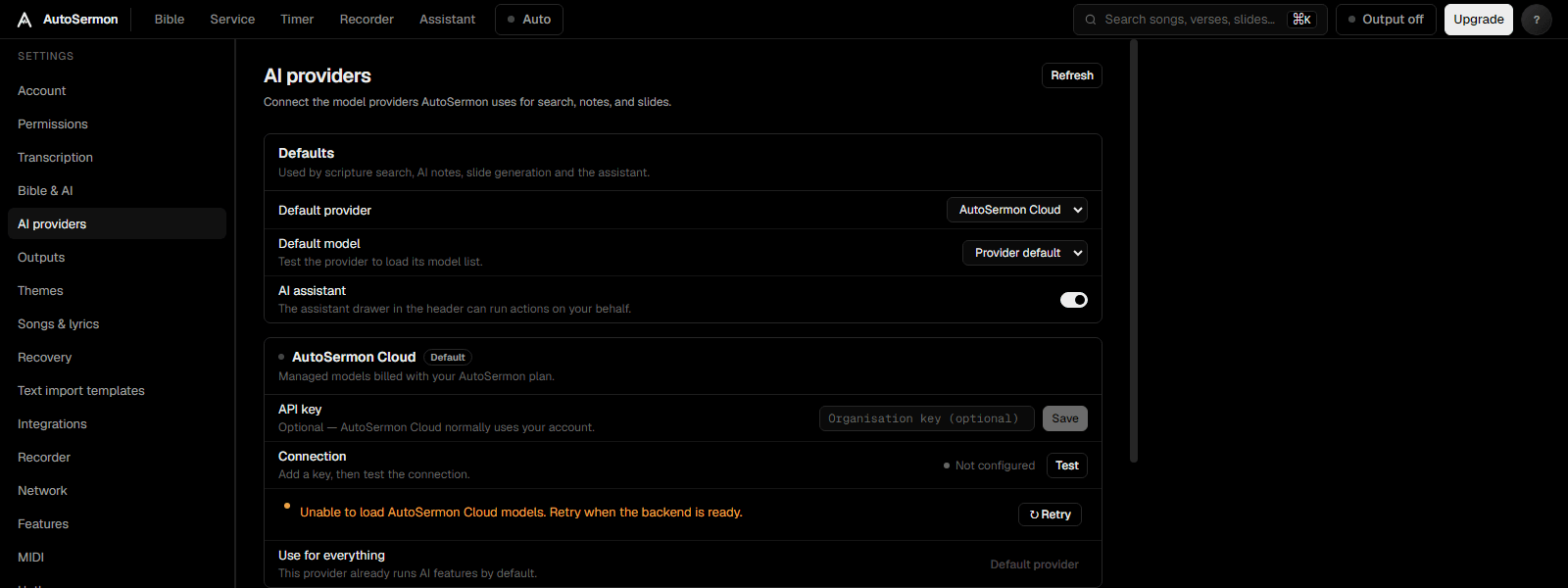AI settings with provider dropdown