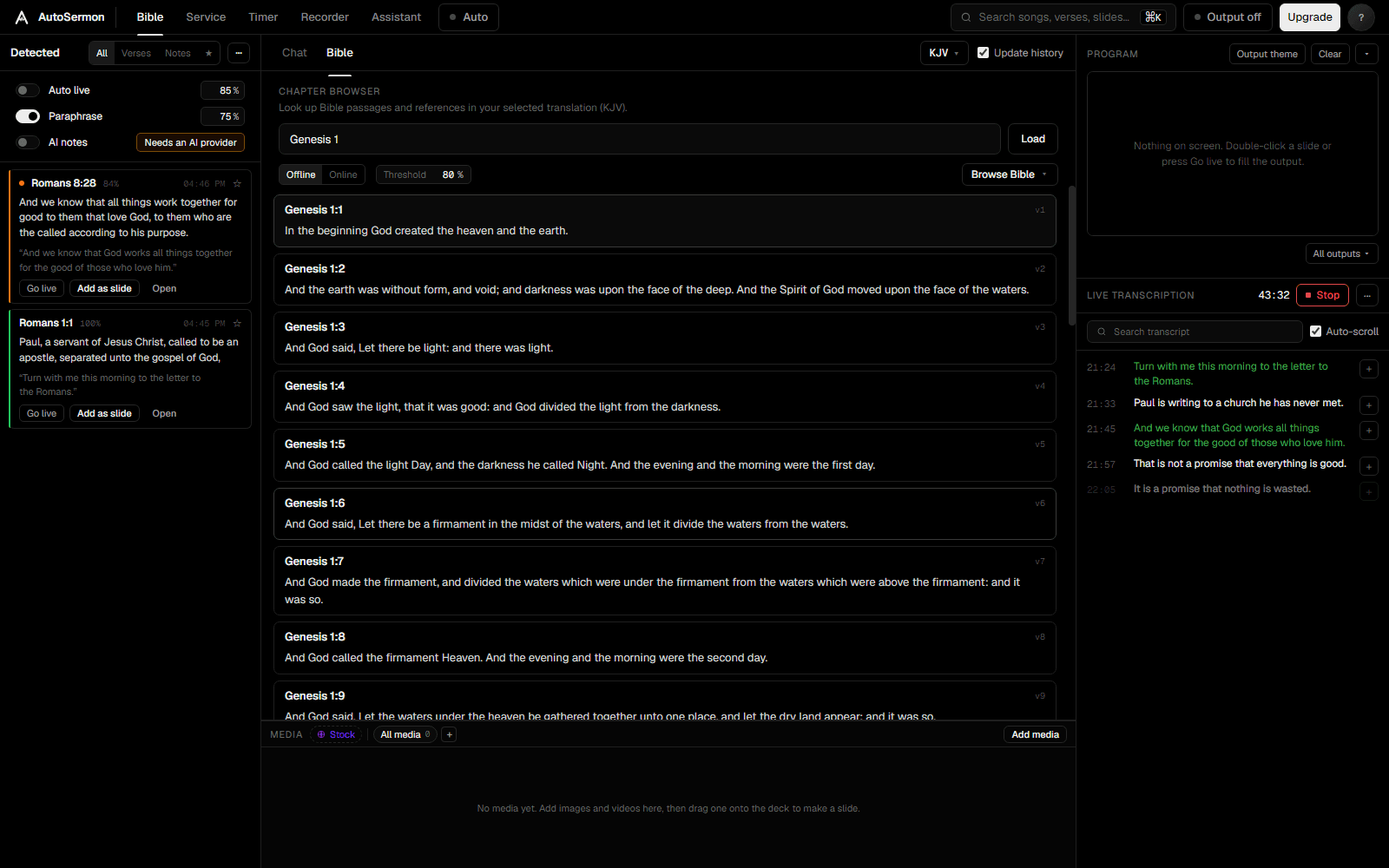 Live transcript with detected verses