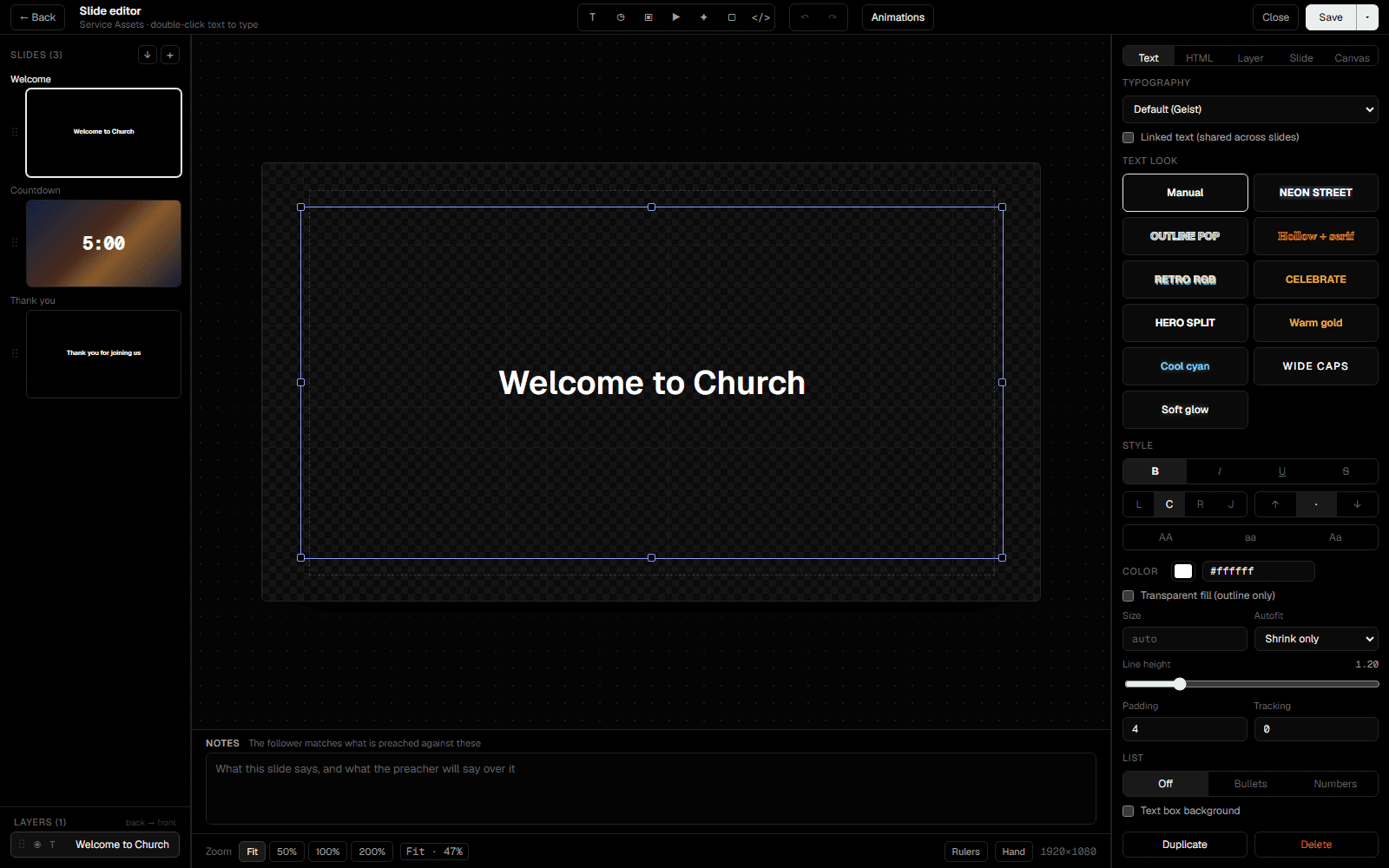 Slide editor with layers panel